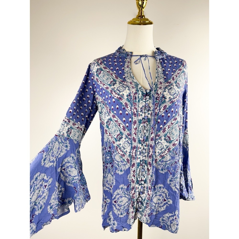 Free People Women XS Blue Long Bell Sleeve Ruffle Neck Oversized BoHo Tunic Top